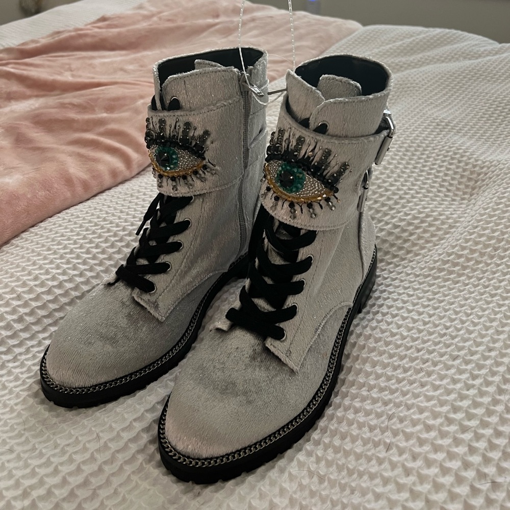 Kurt Geiger Sutton Embellished Eye Buckle Detail Fabric Booties